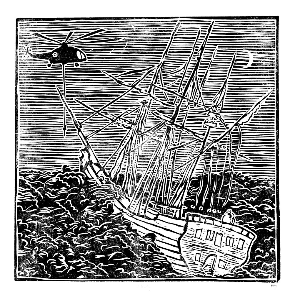 "Help?" Woodcut print